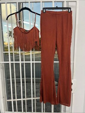 Fashion Nova Rust Fringe Knit Flare Pants Set